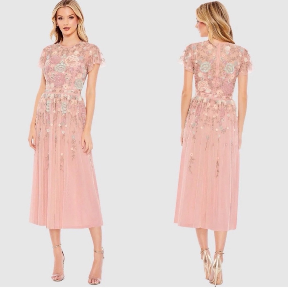 Mac Duggal 9134 Embellished Illusion High Neck Butterfly Sleeve Midi Dress NWT - Picture 2 of 16